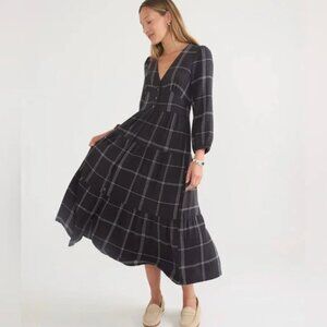 Marine Layer Maeve Black Windowpane Maxi Dress Cotton Gause
